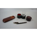 Leather cigar case, Waterman fountain pen, Victorian travelling ink well & medicine glass in case