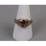 9ct gold amethyst & diamond set ring - Size: O