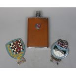 BARC hip flask and car badge together with a National Motoring Association badge