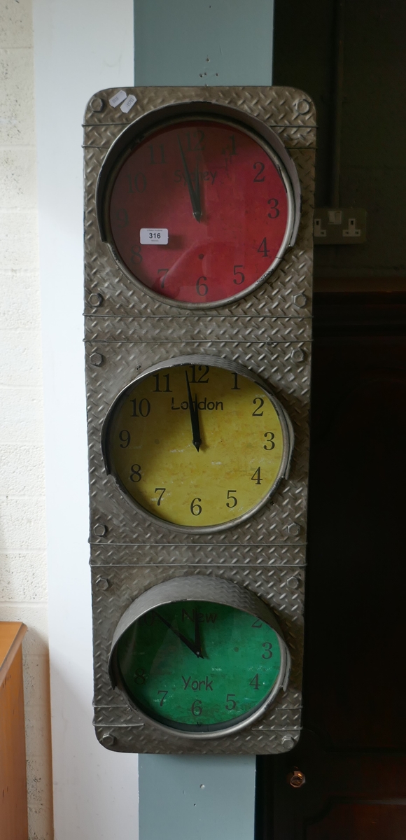 Traffic light style triple wall clock - Approx height: 102cm