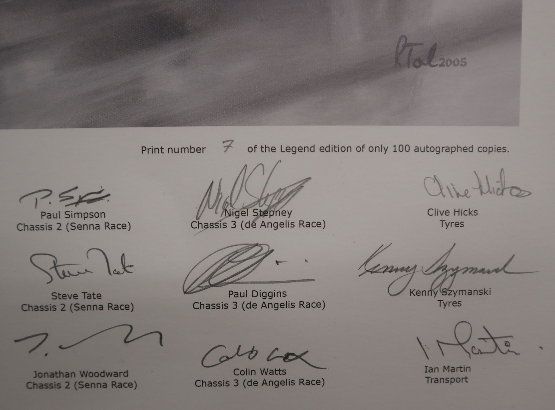 Artist signed L/E Ayrton Senna print by Robert Tomlin - Birth of a Legend signed by the team - Bild 4 aus 4