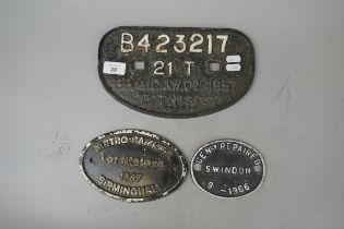 2 cast iron railway plaques and a wagon plate