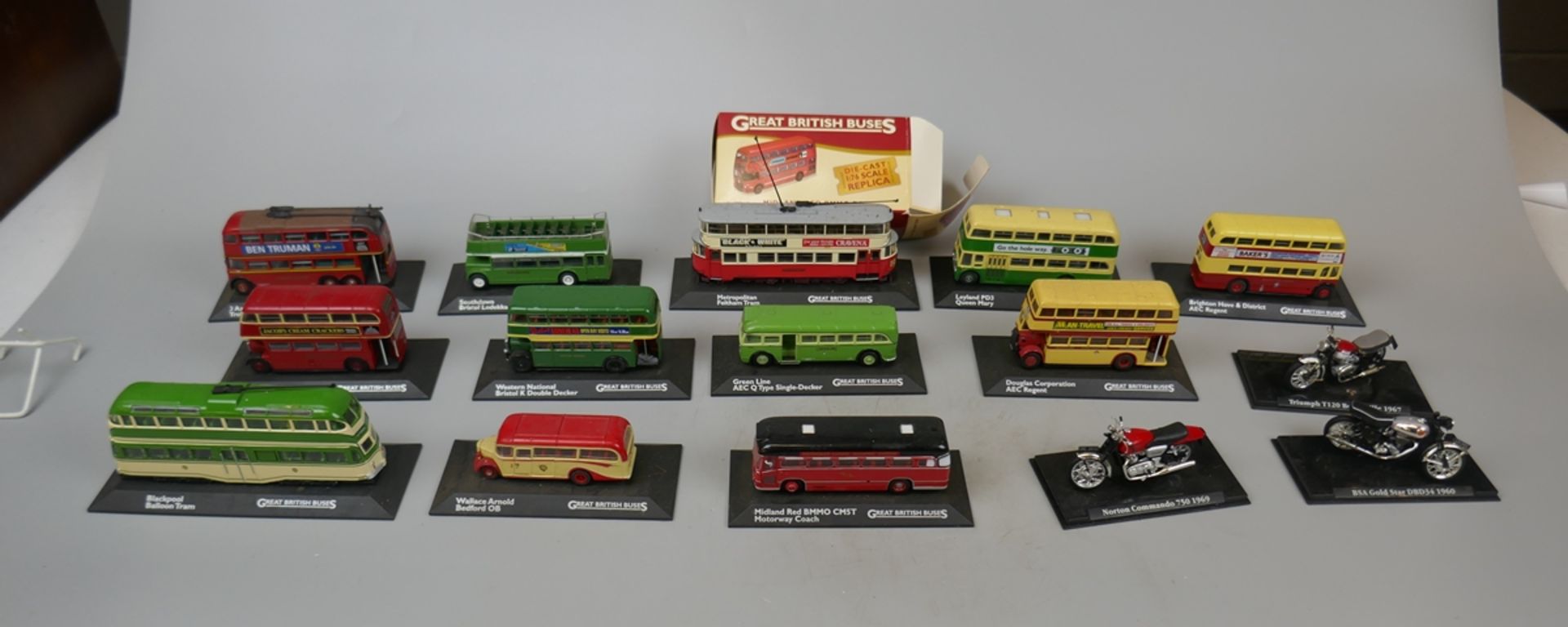 Collection of die cast trams, buses & motorcycles