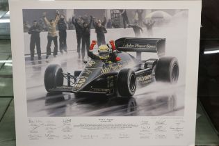 Artist signed L/E Ayrton Senna print by Robert Tomlin - Birth of a Legend signed by the team