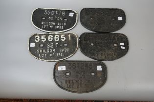 5 railway original cast iron Shildon wagon plates