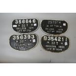 4 railway original cast iron Shildon wagon plates