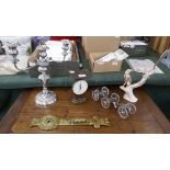 Collection of metal ware to include candlesticks and Salter letter scales