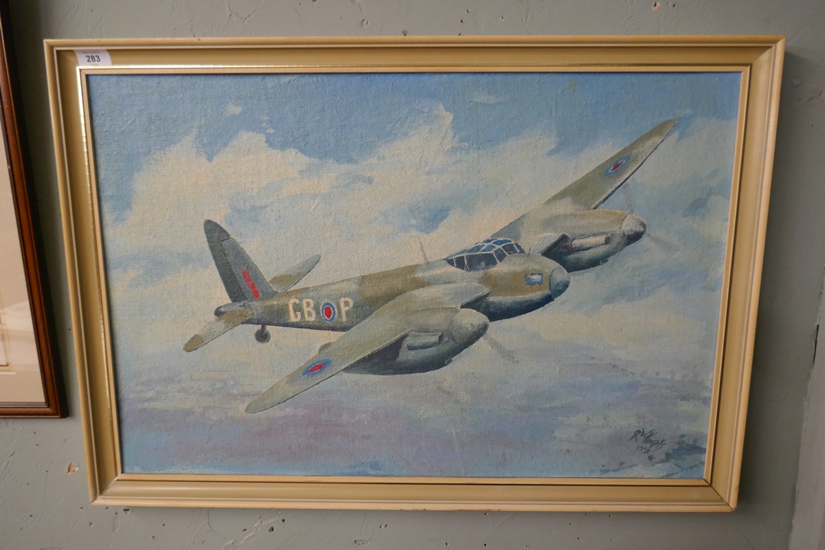 Oil on canvas over board - Depicting De Haviland Mosquito Mk4 signed RW Kinight 1959