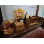 Collection of wooden items including boxes and mantel clock
