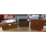 Walnut inlaid workbox, mahogany tea caddy and jewellery box