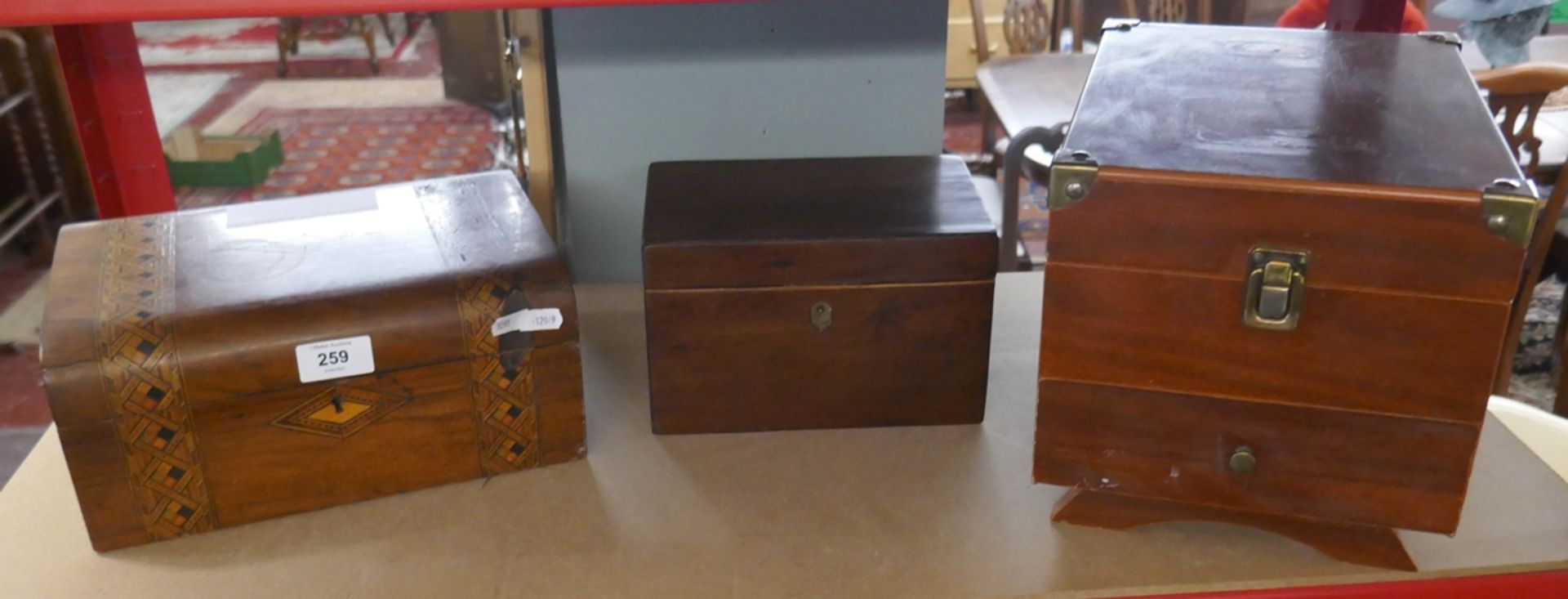 Walnut inlaid workbox, mahogany tea caddy and jewellery box