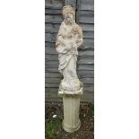 Stone statue of mother and child on stone pedestal - Approx height: 129cm