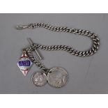 Hallmarked silver Albert chain with silver coins and silver fob - Approx gross weight 89g