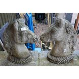 Pair of stone garden horse heads - Approx height: 46cm