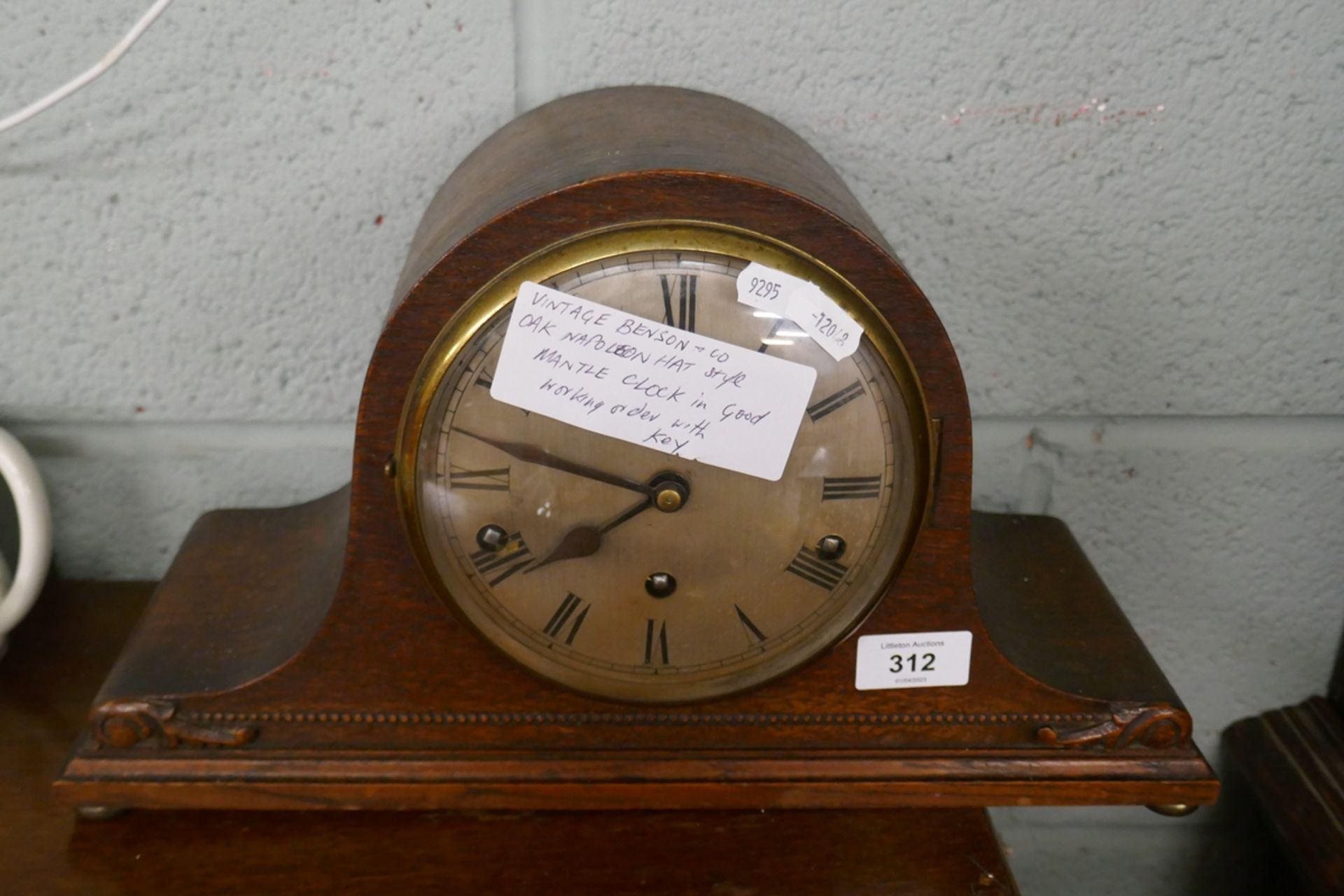 Vintage Benson and Co Oak mantel clock - working order with key
