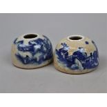 Pair of hand painted blue and white ink wells