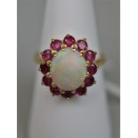 18ct gold ruby and opal cluster ring - Size: M