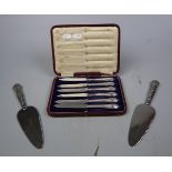Box set of hallmarked silver handled fruit knives together with 2 hallmarked silver handled cake
