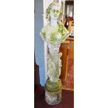 Antique garden bust of maiden on plinth - Approx height: 148cm