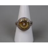 Unusual 9ct gold diamond and citreen set ring - Size O