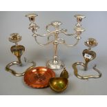 Collection of metalware to include a pair of cobra candlesticks