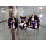 Vintage Moroccan cobalt blue ceramic and metal pots inset with camel bone