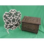 Vintage cast aluminium fire screen together with a large embossed log box