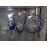 2 Caithness blue glass vases together with a blue studio glass plate