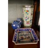 Oriental brush pot together with an Oriental square dish & 2 ginger jars