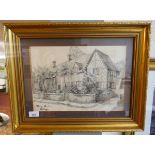 Gilt framed pencil drawing - Mary Ardens Cottage - Approx image size: 34cm x 24cm