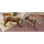 Pair of large leather Liberty's style tigers - Approx height: 60cm & length: 130cm