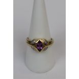 9ct gold amethyst and diamond set ring - Size Q