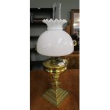 Victorian brass oil lamp with original shade and funnel