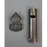 Hallmarked silver ARP badge together with a hallmarked silver whistle