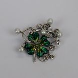 Silver enamel and pearl set brooch