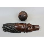 Vintage carved World globe trinket box together with a wall mask