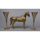 Heavy brass horse together with a pair of brass goblets