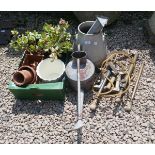 Collection of garden items to include galvanised watering can, terracotta pots etc