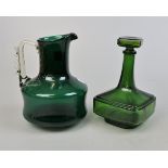 Green glass Murano style jug together with green glass decanter