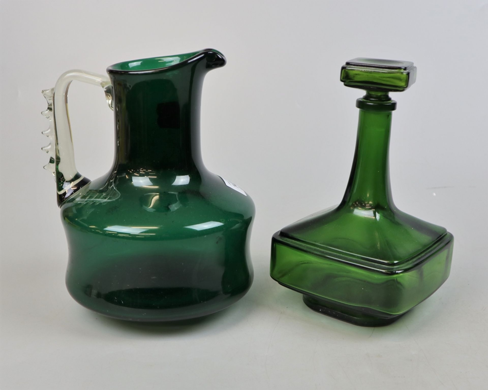 Green glass Murano style jug together with green glass decanter