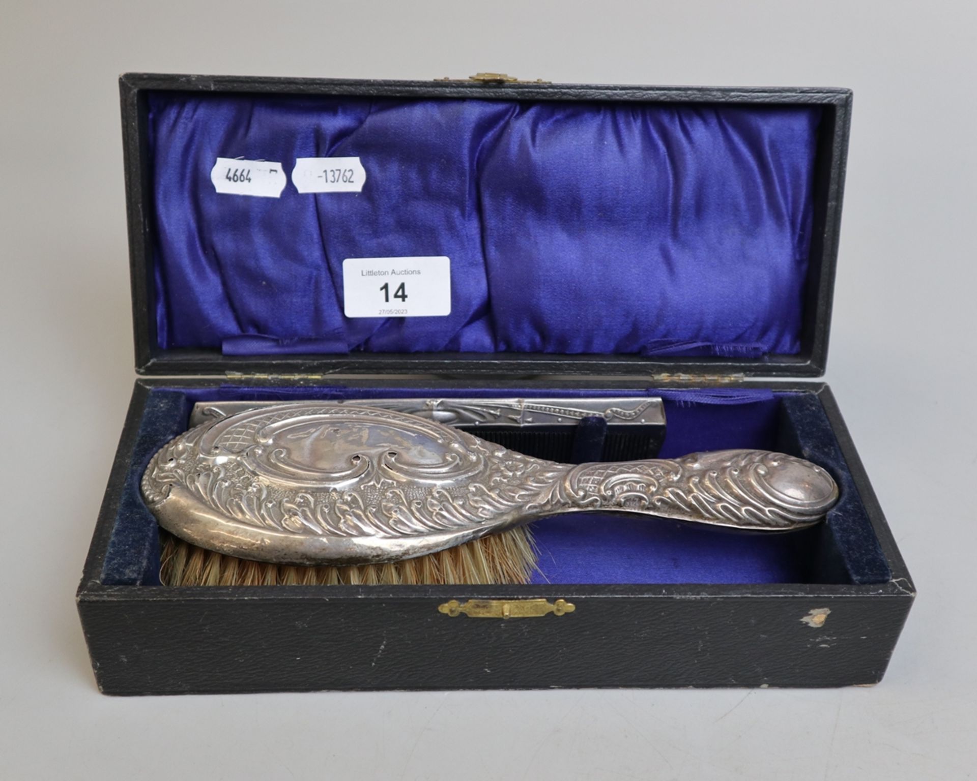Hallmarked silver brush and comb set in original fitted box