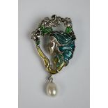 Silver enamel pearl drop brooch