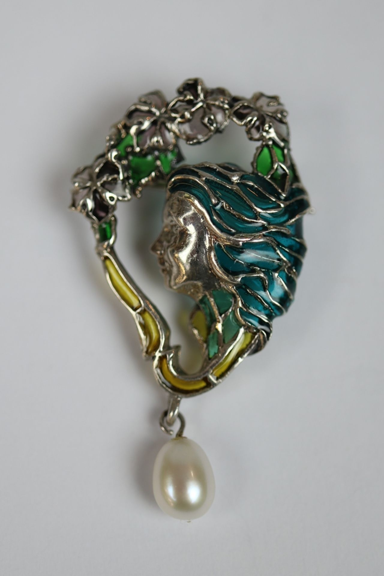 Silver enamel pearl drop brooch