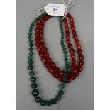 2 Carnelian necklaces one with 9ct gold clasp together with a Malachite necklace