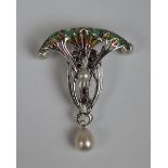 Silver enamel pearl drop brooch/pendant