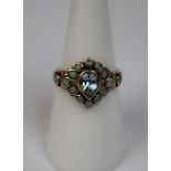 9ct gold ring set with aquamarine & opals - Size N