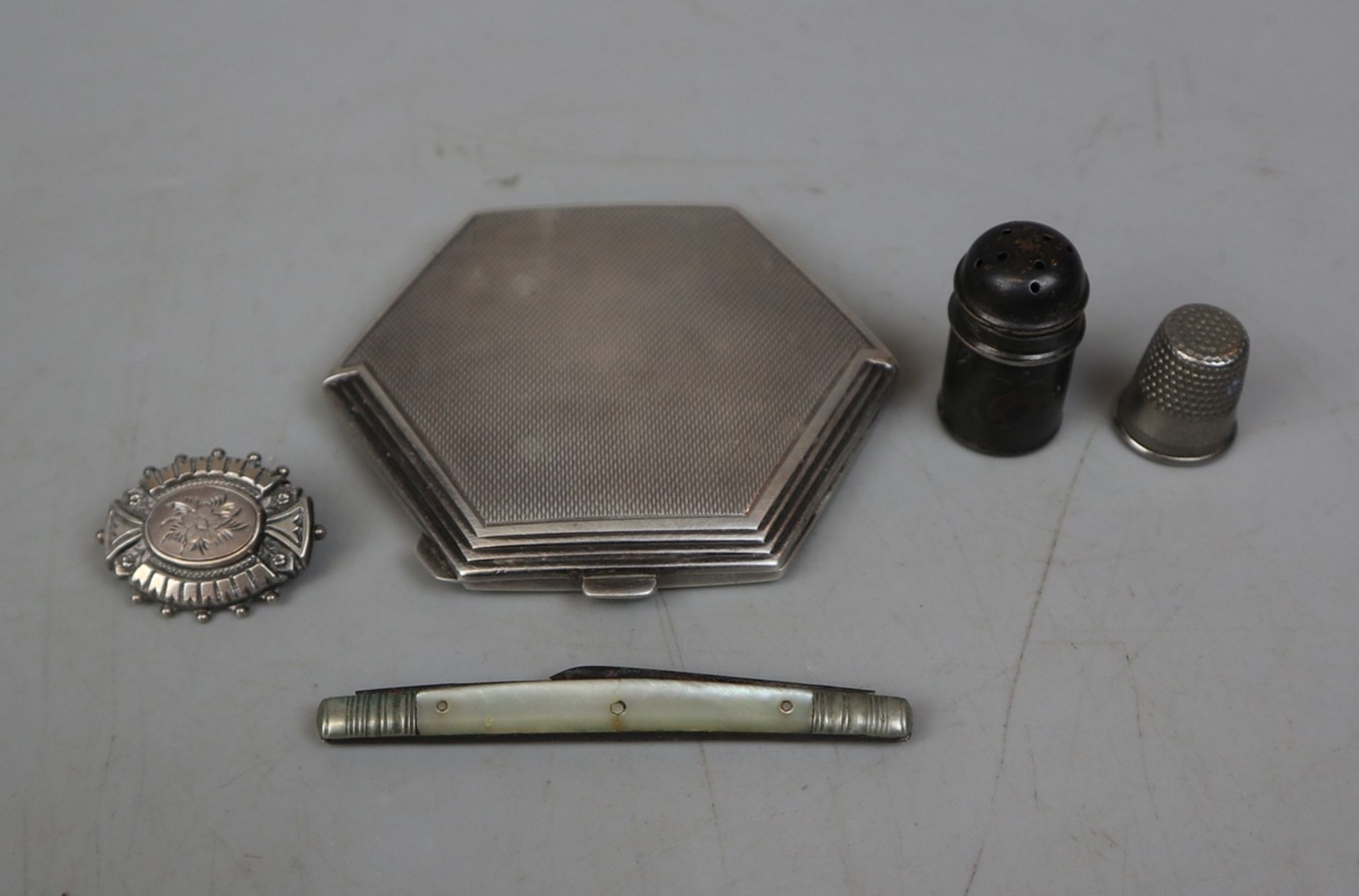 Collection of hallmarked silver to include compact