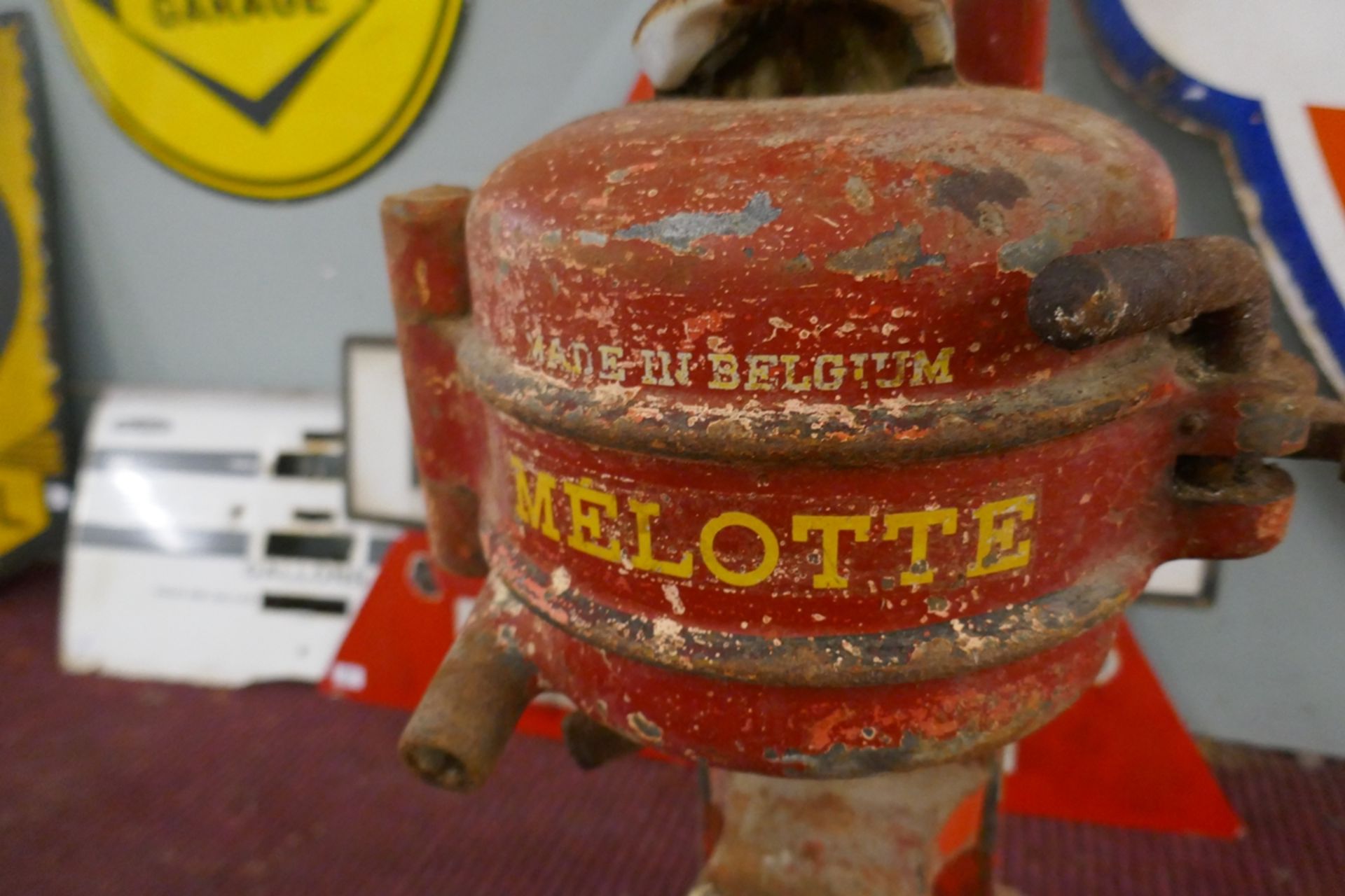 Heavy, red painted machine/pump part marked Mellote Belgique - Approx height: 95cm - Image 3 of 8