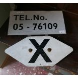 Metal railway telephone sign marked Tel No. 05-76109