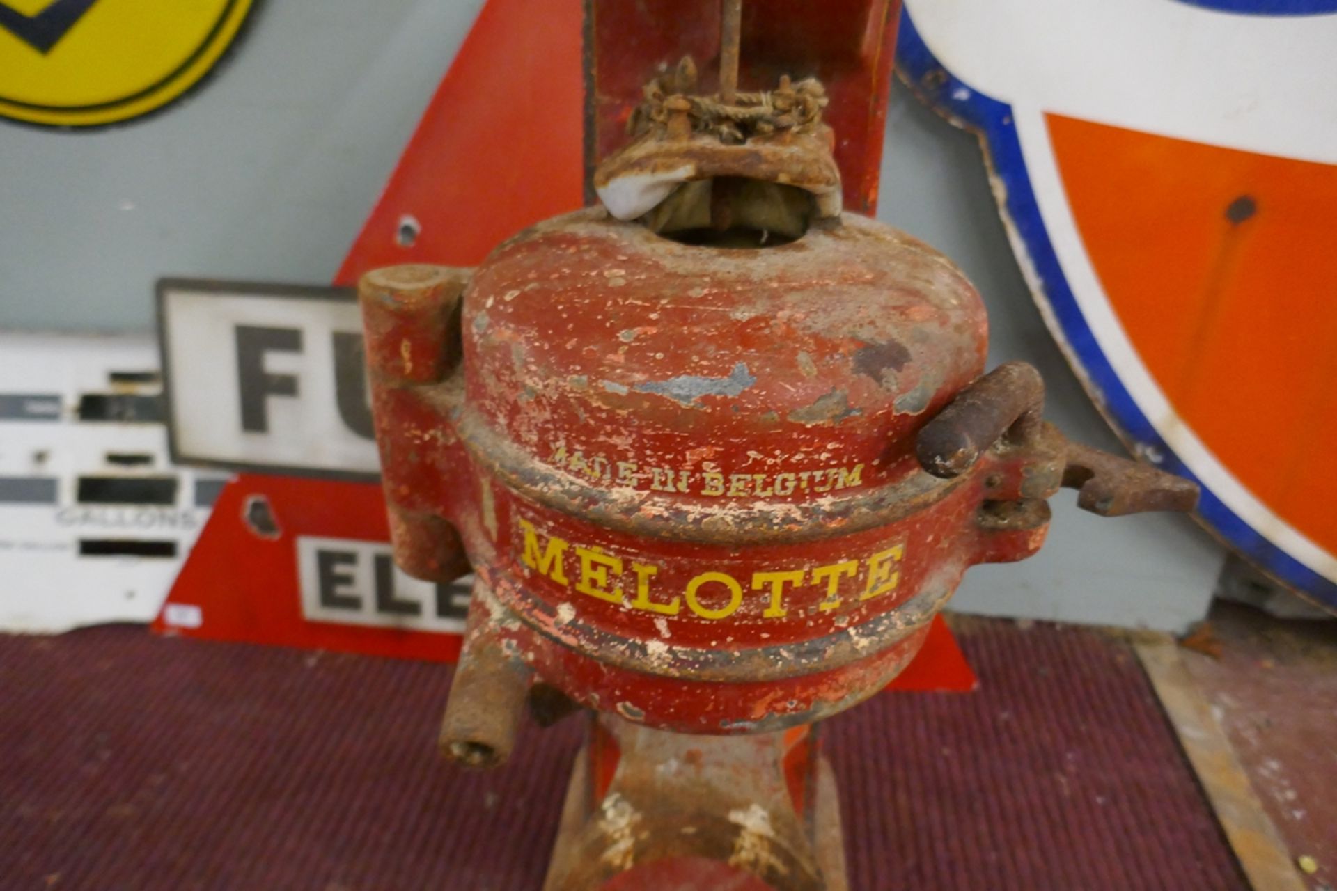 Heavy, red painted machine/pump part marked Mellote Belgique - Approx height: 95cm - Image 5 of 8